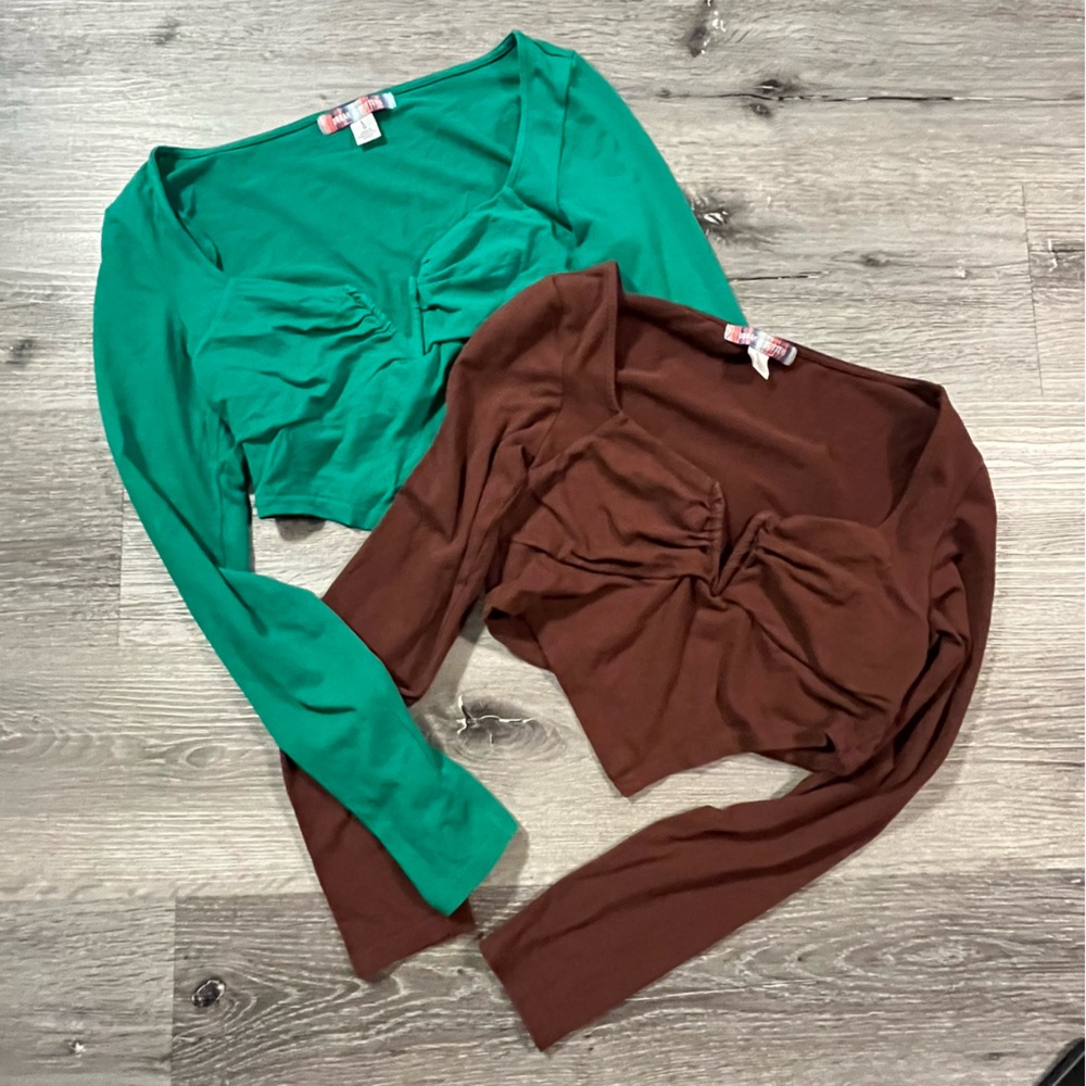 Urban Outfitters UO Grace Long Sleeve Hanky Hem Top (Lot of 2) Brown Green Large
